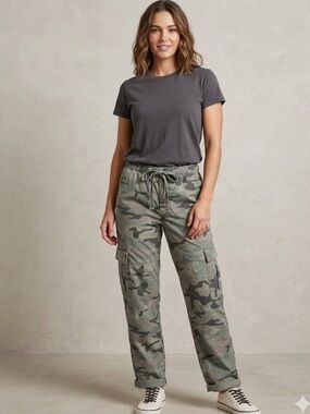 Gap fine twill cargo pants camo size SM waist tie cotton high rise barrel baggy